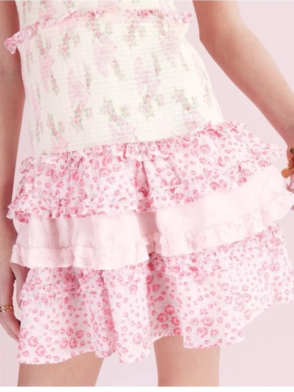 LoveShackFancy Pink and Cream Floral Ruffle Dress